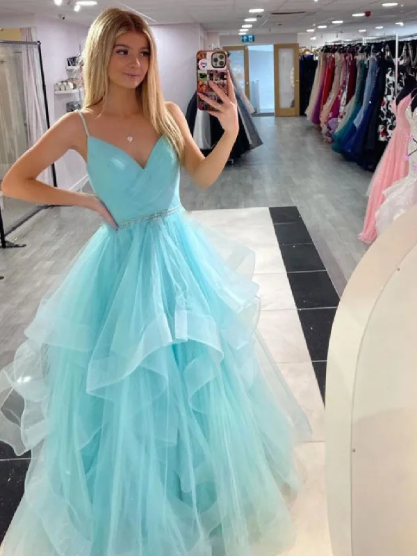 Easy Comfort Style Blue v neck tulle long prom dress, tulle long evening dress