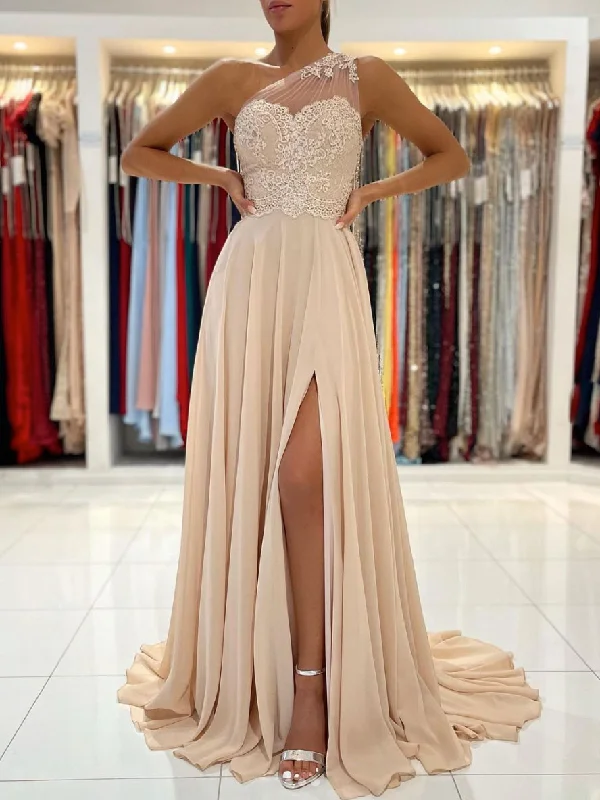 Cozy Fashion Trends Champagne chiffon lace long prom dress, champagne bridesmaid dress