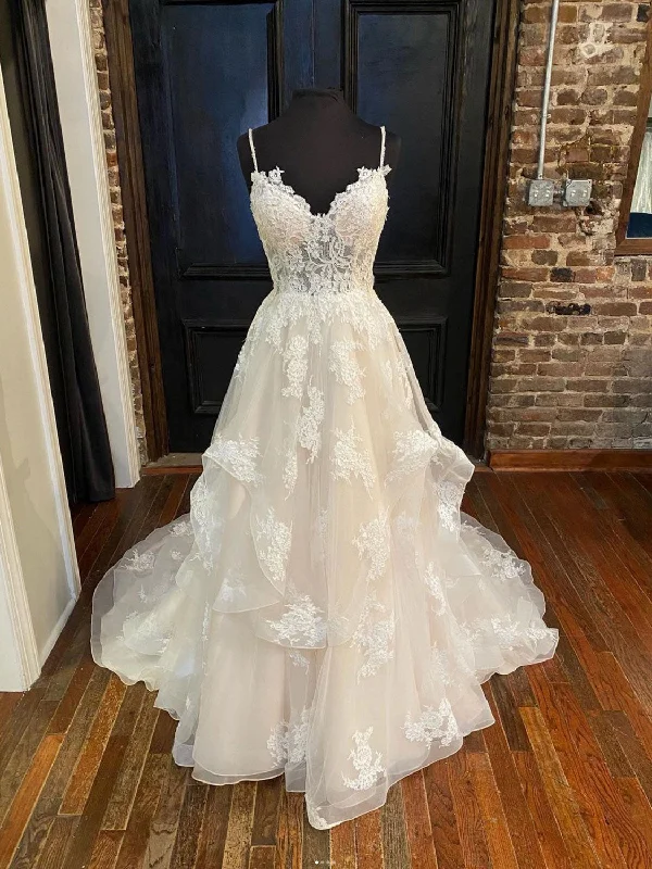 Casual Chic Looks Champagne v neck tulle lace long prom dress, champagne lace evening dress