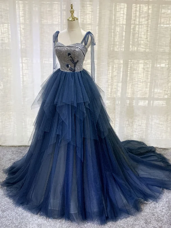 Modern Chic Dark blue tulle lace long prom dress, blue tulle formal dress