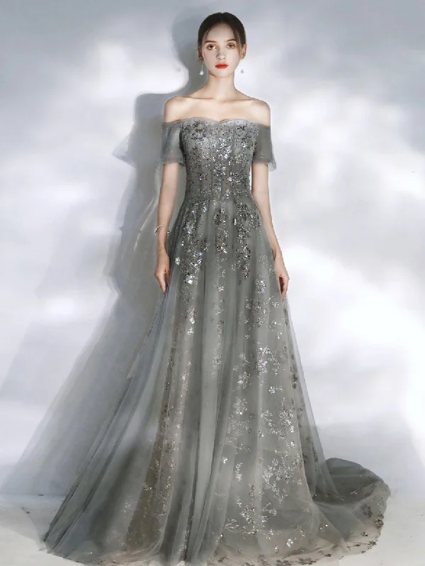 Stylish Fit Gray tulle lace sequin long prom dress, gray tulle formal dress