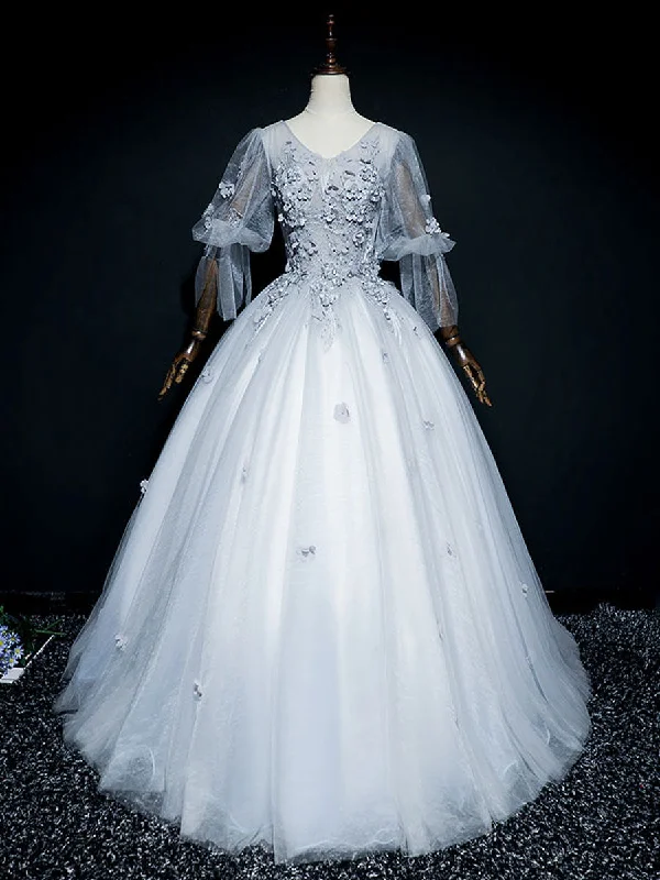 Relaxed Clothing Gray v neck tulle lace long prom dress, gray tulle lace evening dress