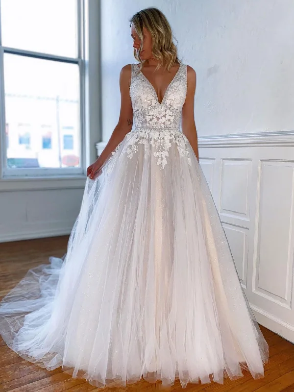 Comfortable Jeans Gray white v neck tulle lace long prom dress, gray lace evening dress