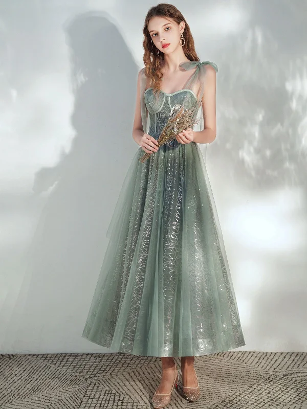 Comfortable Tops Green sweetheart neck tulle tea length prom dress, green evening dress