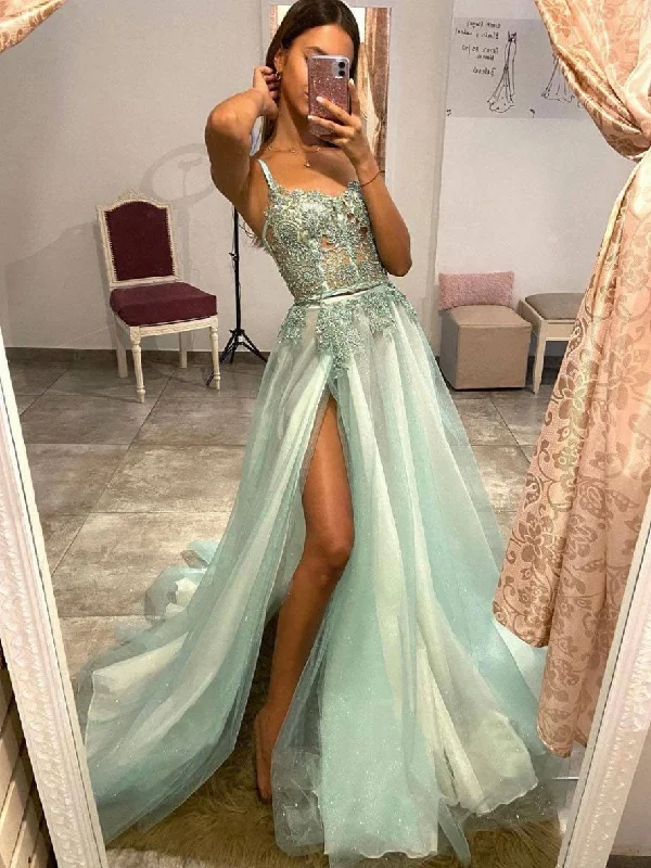Versatile Outfits Green sweetheart tulle lace long prom dress, green evening dress
