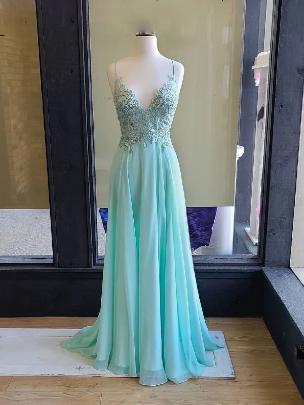 Comfortable Fashion Looks Green v neck lace chiffon long prom dress, lace evening dress