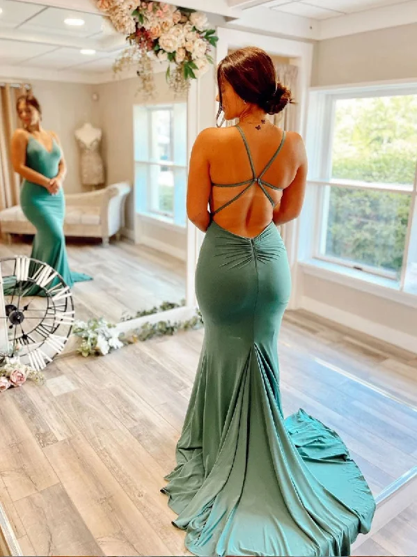 Cozy Essentials Green v neck mermaid long prom dress, green evening dress