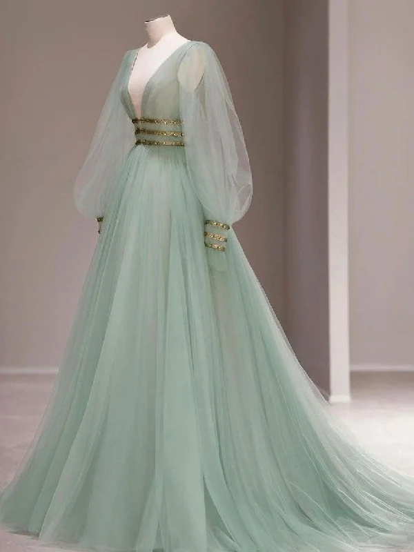 Cozy Chic Wear Green v neck tulle sequin long prom dress, green evening dress