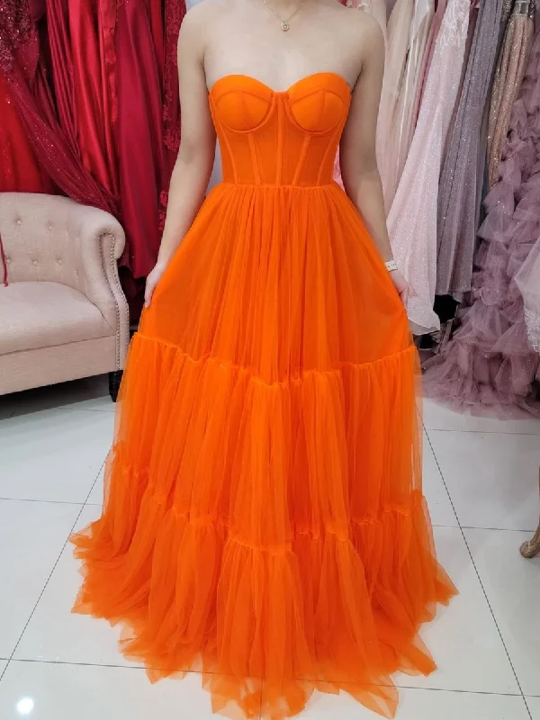 Versatile Comfort Wear Orange Aline tulle long prom dress, orange tulle evening dress