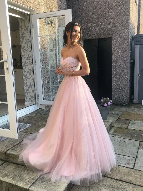 Easy-to-Wear Pink sweetheart tulle lace long prom dress, pink tulle lace evening dress