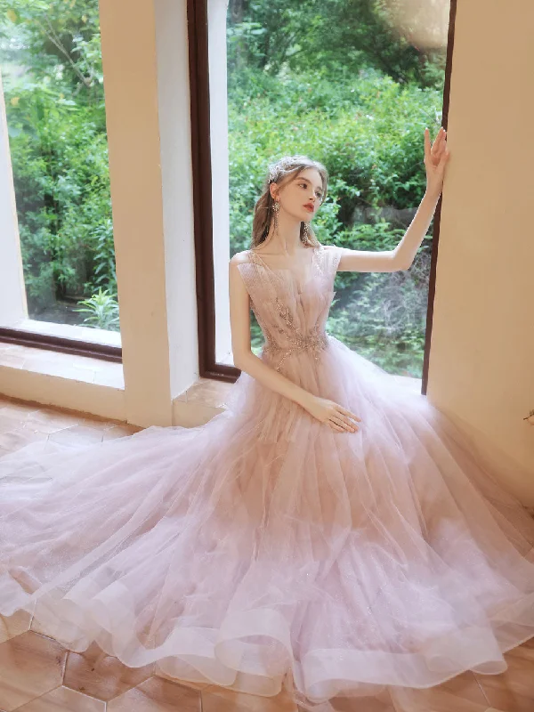 Soft Casuals Pink tulle beads long prom dress, pink sweet 16 dress