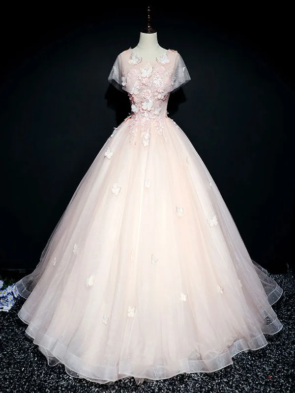 Soft Knitwear Pink tulle lace long prom dress, pink tulle lace evening dress