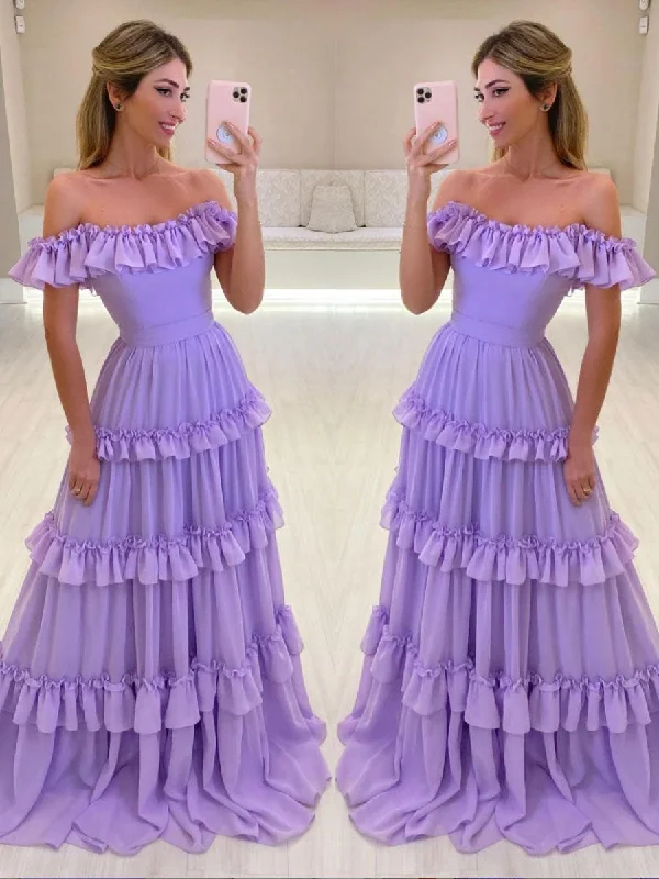 Relaxed Jackets Purple chiffon long prom dress, purple evening dress