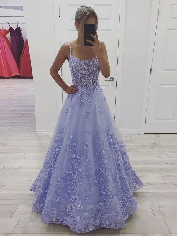 Fashionable Comfort Purple lace A line tulle long prom dress, purple evening dress
