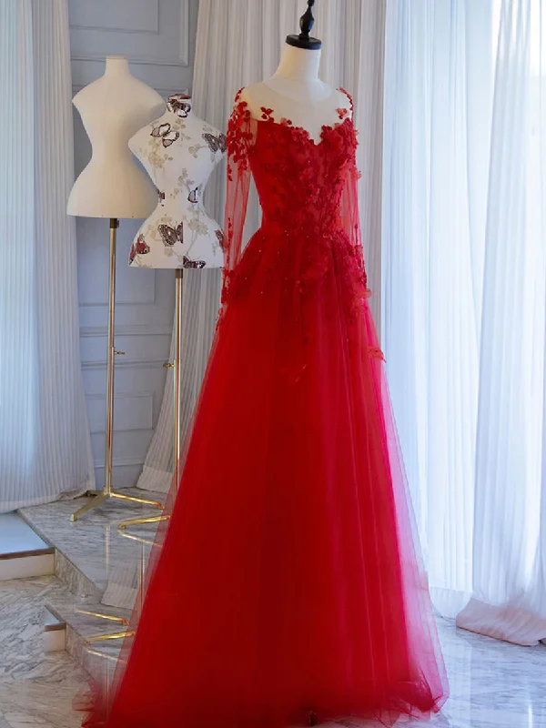Soft Comfort Wear Red round neck tulle lace long prom dress, red evening dress