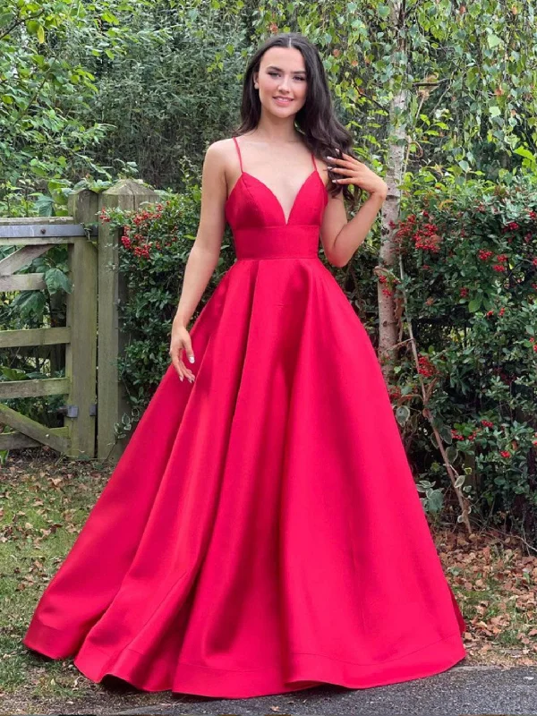 Cozy Apparel Simple A-line v neck satin long prom dress, red evening dress
