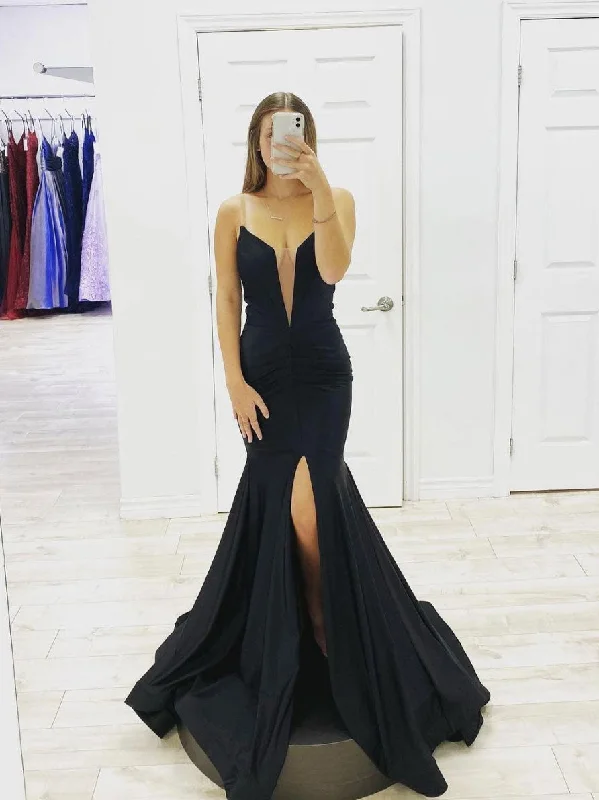 Comfortable Sweaters Simple Black satin long prom dress, black evening dress