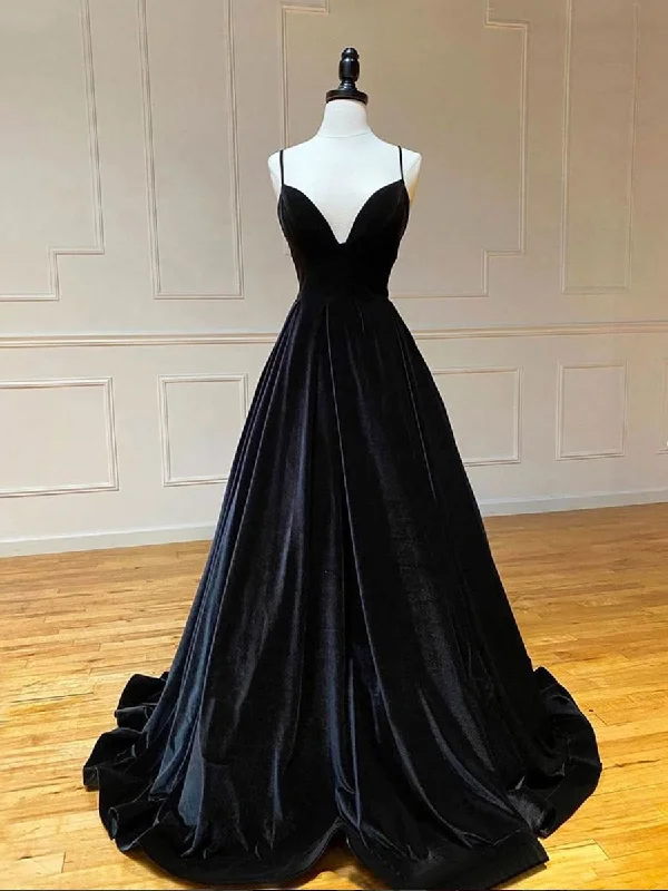 Comfortable Lifestyle Simple Black velvet long prom dress, black evening dress