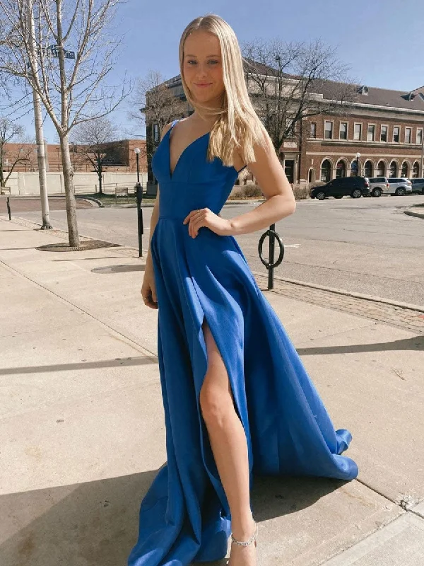 All-Day Outfits Simple blue v neck long prom dress, blue satin long evening dress