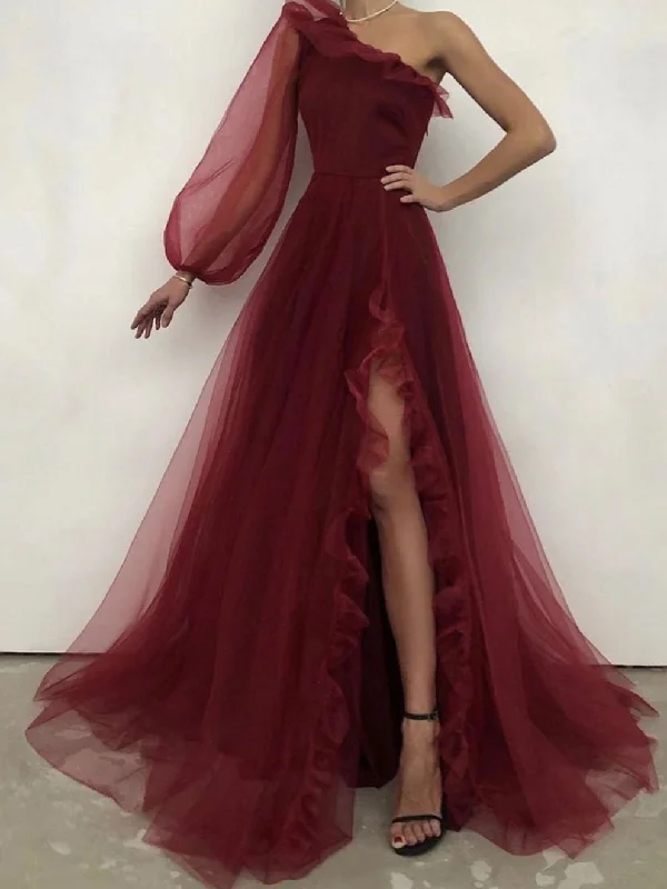 Easy Chic Simple burgundy one shoulder long prom dress, burgundy evening dress