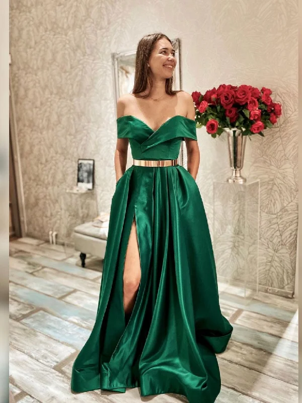 Comfy Dress Simple green off shoulder satin  long prom dress, green evening dress