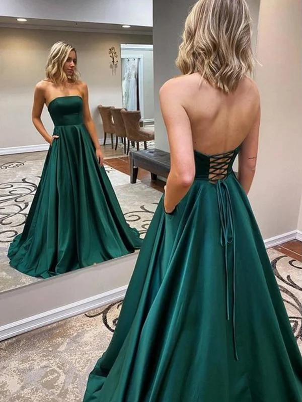 Sporty Comfort Simple green satin long prom dress, green A line evening dress