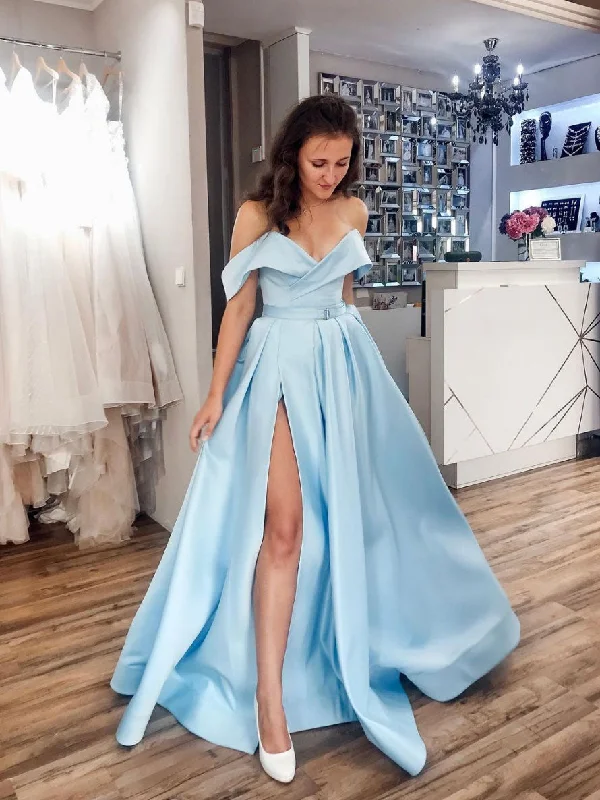 Simple Chic Simple off shoulder satin blue long prom dress, blue evening dress