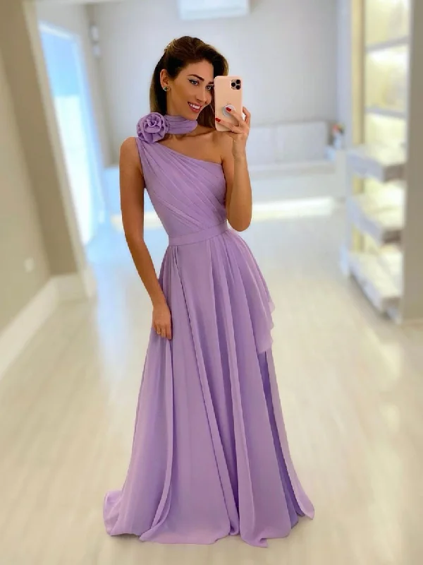 Timeless Style Simple purple one shoulder chiffon long prom dress, purple evening dress