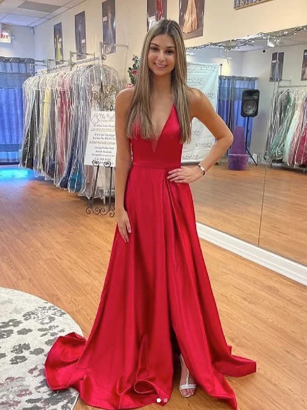 Cozy Knits Simple red v neck satin long prom dress, red evening dress