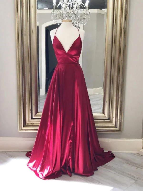 Soft Looks Simple red v neck satin long prom dress, red evening dress