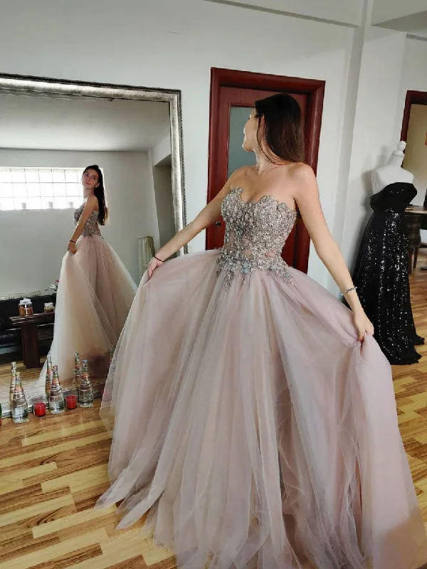 Relaxed Fashion Simple sweetheart neck tulle lace long prom dress, tulle long evening dress