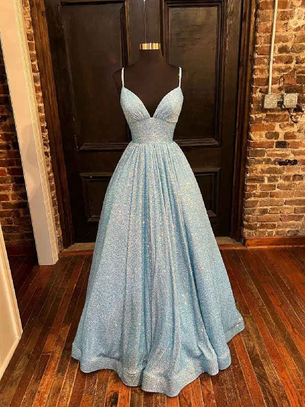 Comfortable Fashion Looks Simple v neck sequin long prom dress, blue sequin formal dress
