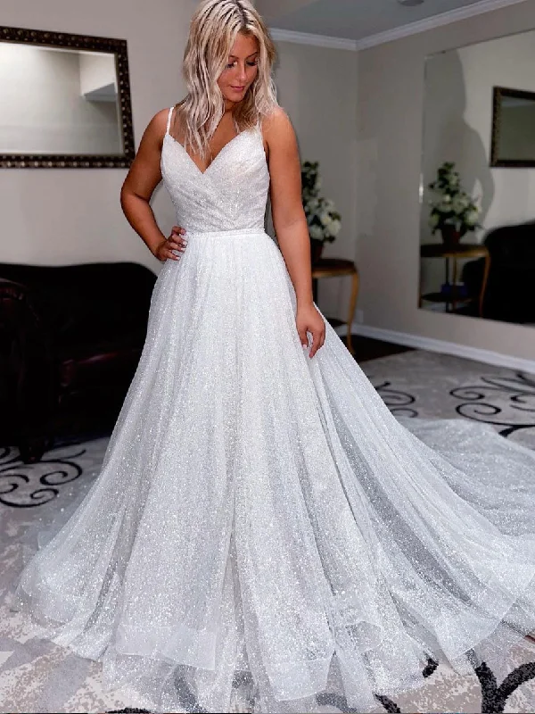 Soft Layers Simple white A-line sequin long prom dress, white evening dress