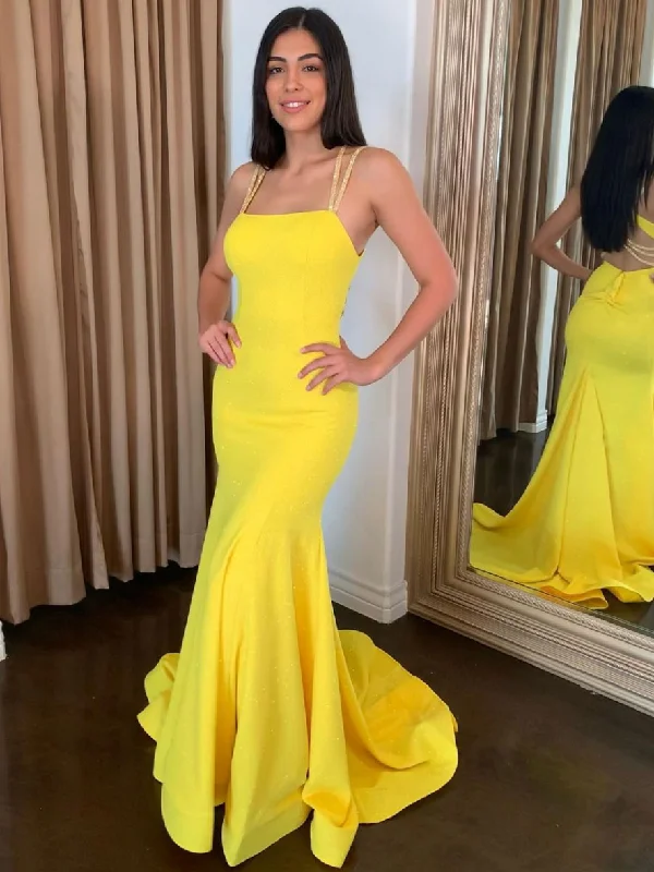 Fashion Comfort Simple yellow satin long prom dress, mermaid long evening dress