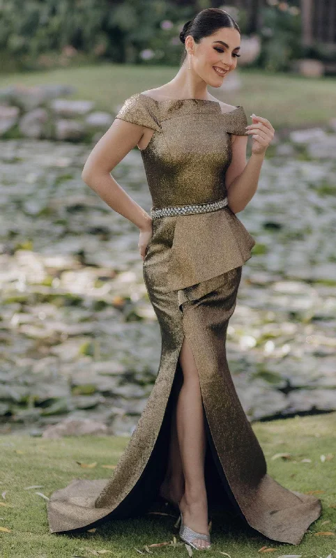 Cozy Fitting Terani Couture 232M1555 - Off-Shoulder Rhinestone Beaded Belt Evening Dress