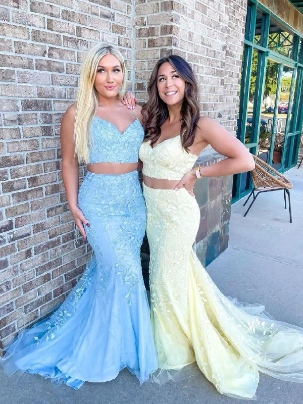 Soft Tops Unique two pieces lace mermaid long prom dress, lace evening dress