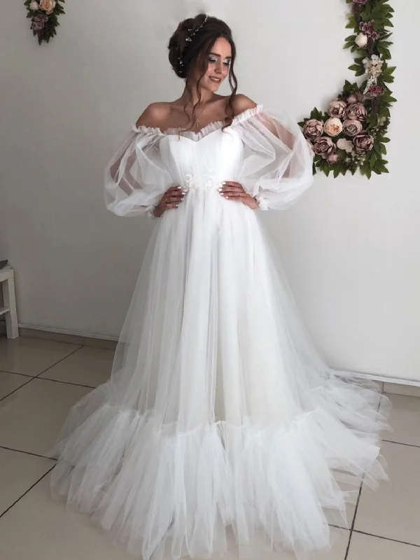 Soft Fabric Looks White A line long prom dress, white tulle long formal dress