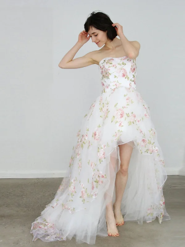 Cozy Essentials Wear White lace tulle high low prom dress, white evening dress