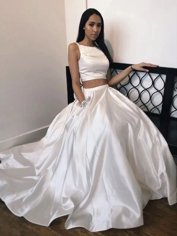 Versatile Casuals White satin two pieces long prom dress, white evening dress