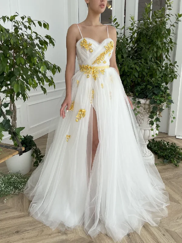 Cozy Lounge Wear White sweetheart neck tulle lace long prom dress, white evening dress