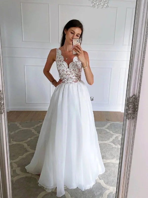 Relaxed Chic White v neck lace tulle long prom dress, lace long evening dress