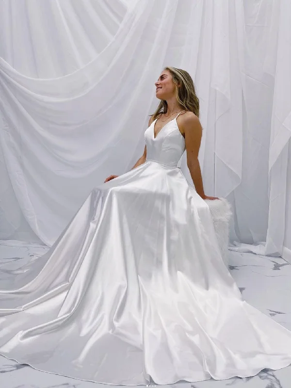 Soft Feel White v neck satin long prom dress, white A line evening dress