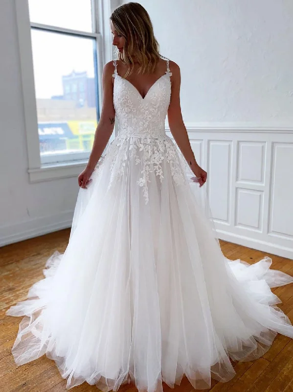 Comfy Chic Wear White v neck tulle lace long prom dress, lace evening dress