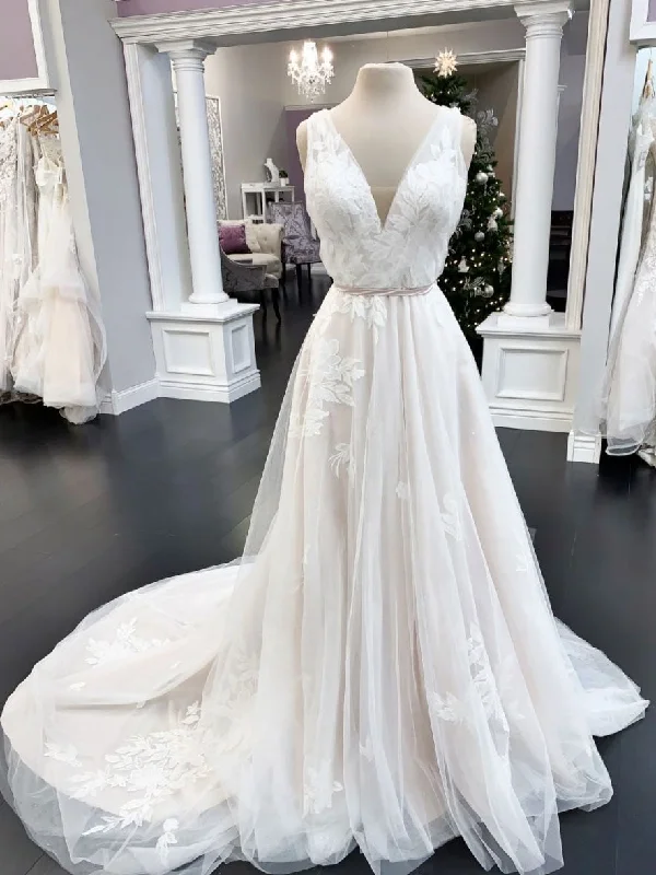 Light Fit White v neck tulle lace long prom dress, lace evening dress