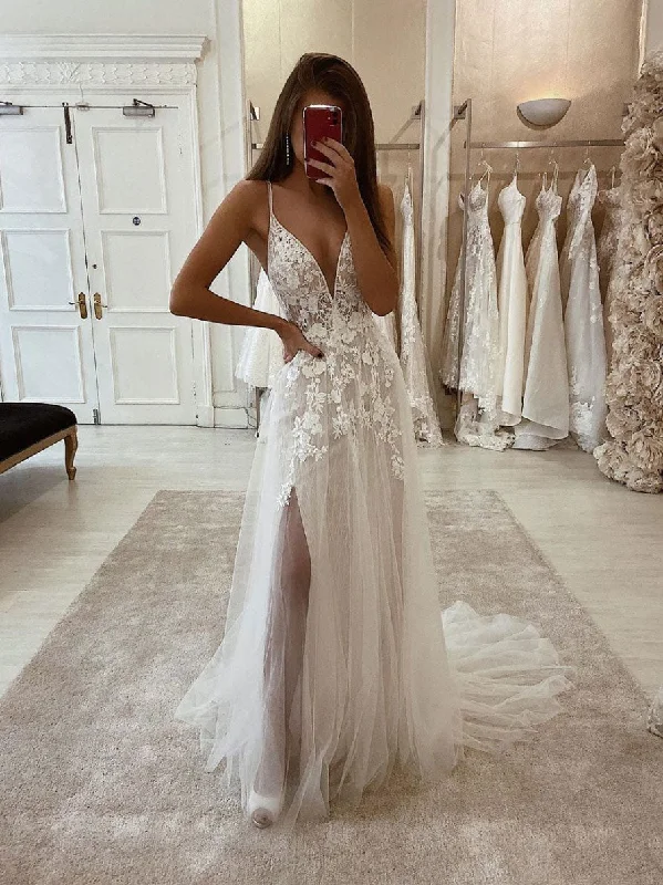 Soft Textures White v neck tulle lace long prom dress, white lace evening dress