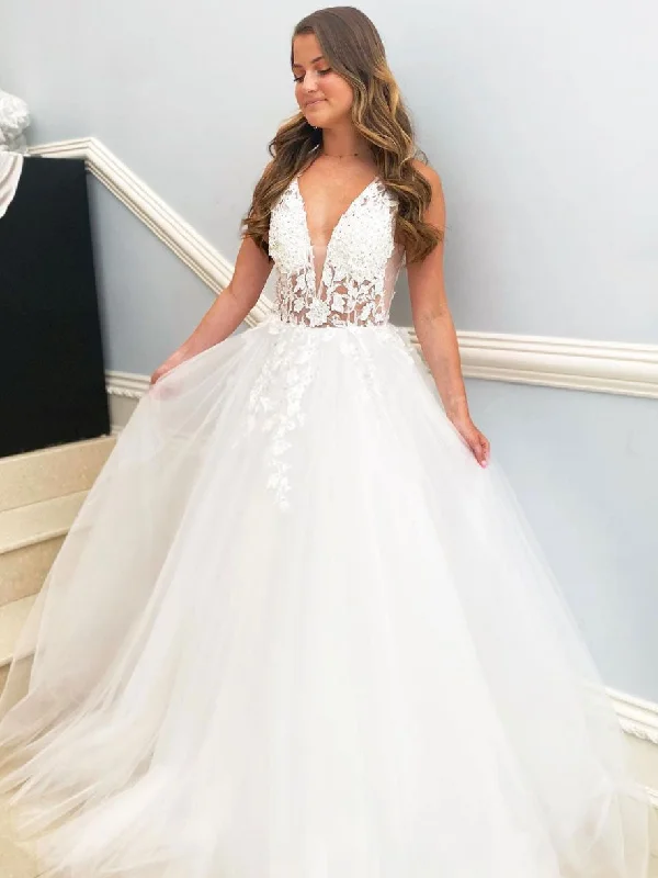 Weekend Comfort White v neck tulle lace long prom dress, white lace evening dress