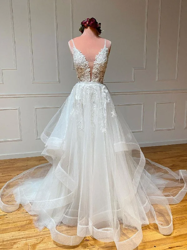 Trendy Comfort Wear White v neck tulle lace long prom dress, white lace formal dress