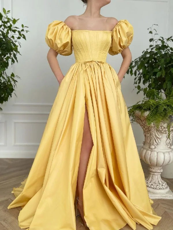 Light Layers Yellow A line satin long prom dress, yellow evening dress