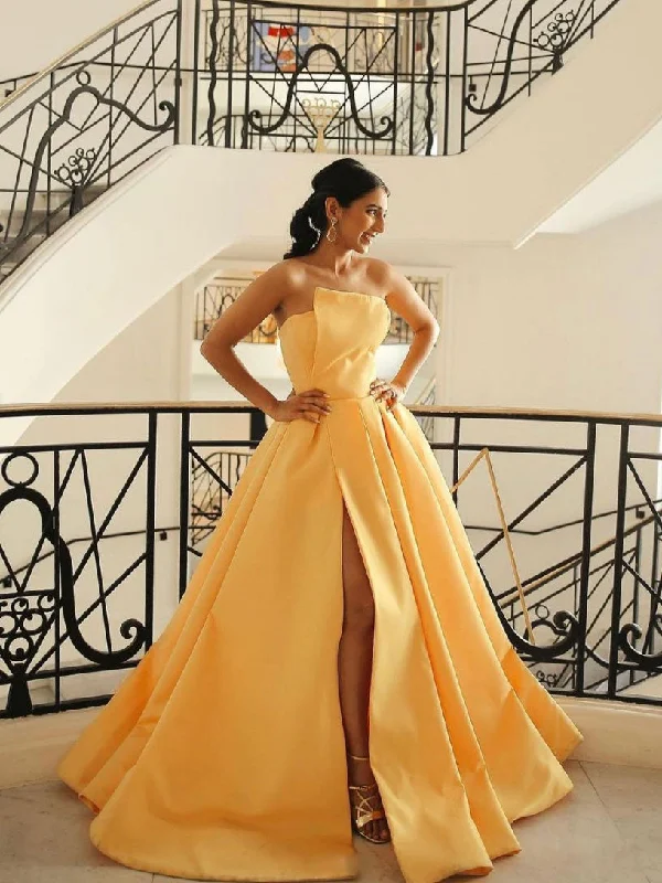 Weekend Comfort Wear Yellow satin long prom dress, simple yellow evening dress