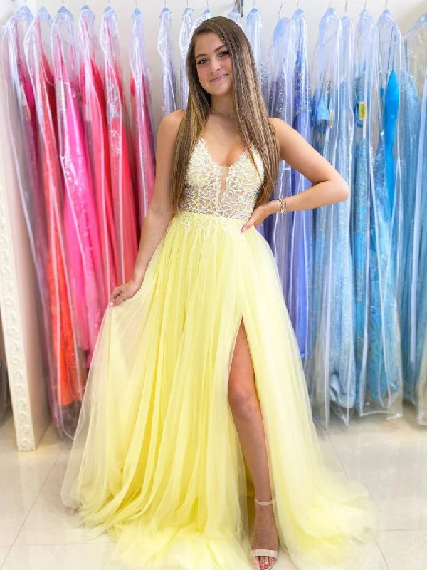 Easygoing Fashion Yellow v neck sequin long prom dress, yellow evening dress
